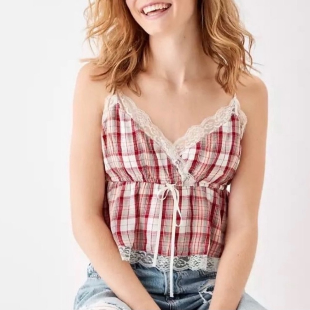 American Eagle Women’s Plaid Tie Front Crop Cami Red White Top Size Small NEW